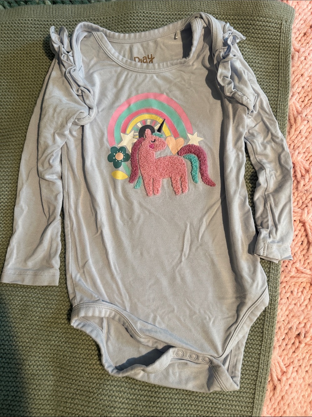 Little Sleepies Light Blue Unicorn One-Piece Bodysuit with Pink Chenille